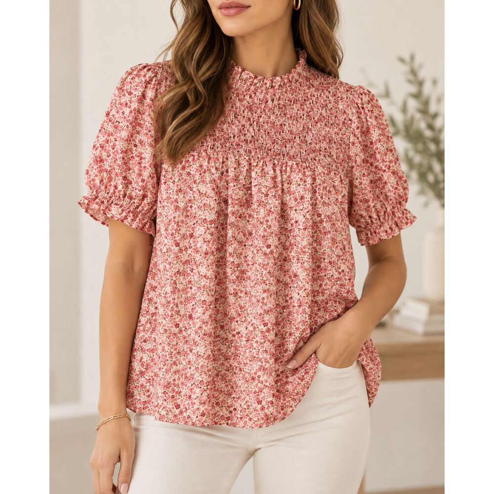 Smocked Floral Puff Sleeve Blouse - Pink